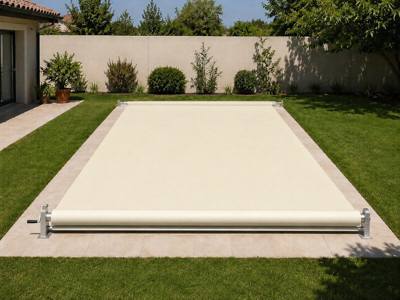 Detalle de cubrepiscina sobre piscina
