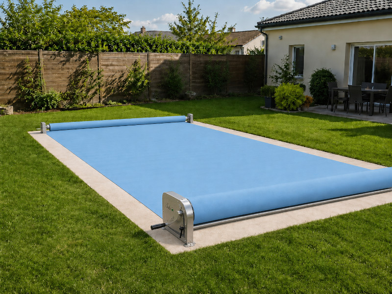 Cubrepiscina Coberdec con jardín y casa